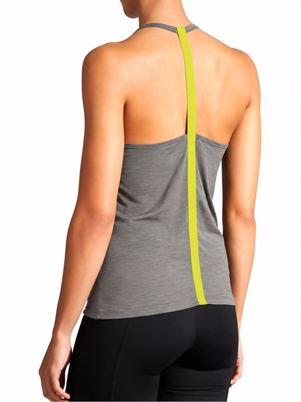 Athleta Women’s Mesh Racerback Tank Top Gray Neon Yellow Stripe Sz Medium
